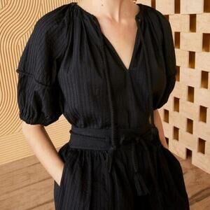 Ulla Johnson Laurenza Pintuck Blouse Sz 00 Black Cotton Tassel Boho Designer